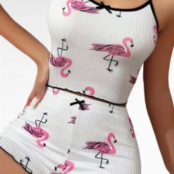 Arias Closet Pamuklu Beyaz Üstüne Pelikan Desen Fitilli Askılı Şortlu Pijama Takımı