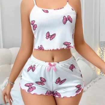 Arias Closet Pamuklu Beyaz Üstüne Pembe Kurdela Desenli Fitilli Askılı Şortlu Pijama Takımı
