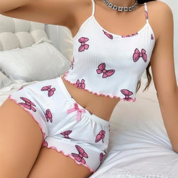 Arias Closet Pamuklu Beyaz Üstüne Pembe Kurdela Desenli Fitilli Askılı Şortlu Pijama Takımı