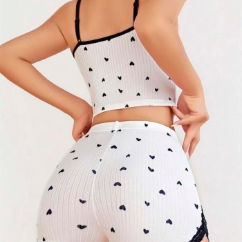 Arias Closet Pamuklu Beyaz Üstüne Siyah Kalp Desen Fitilli Askılı Şortlu Pijama Takımı