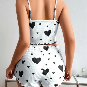 Arias Closet Pamuklu Beyaz Üstüne Siyah Kalp Desen Fitilli Askılı Şortlu Pijama Takımı