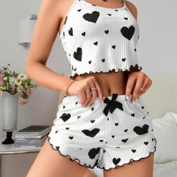 Arias Closet Pamuklu Beyaz Üstüne Siyah Kalp Desen Fitilli Askılı Şortlu Pijama Takımı
