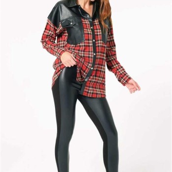 Arias Closet Pamuklu Ekose Çıtçıtlı Uzun Kol Cepli Gömlek Ve Deri Görünümlü Tayt Takımı