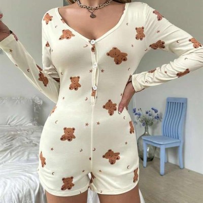 Arias Closet Pamuklu Ekru Ayıcık Desenli Düğmeli Tulum Pijama