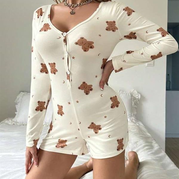 Arias Closet Pamuklu Ekru Ayıcık Desenli Düğmeli Tulum Pijama