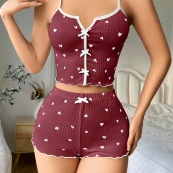 Arias Closet Pamuklu Kahverengi Üstüne Beyaz Kalp Desen Fitilli Askılı Şortlu Pijama Takımı