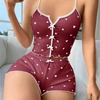 Arias Closet Pamuklu Kahverengi Üstüne Beyaz Kalp Desen Fitilli Askılı Şortlu Pijama Takımı
