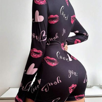 Arias Closet Pamuklu Kırmızı Öpücük Ve Kalp Desenli Düğmeli Uzun Kol Tulum Pijama