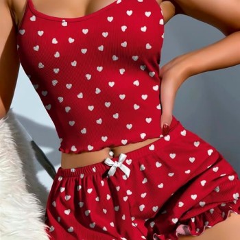 Arias Closet Pamuklu Kırmızı Üstüne Beyaz Kalp Desen Fitilli Askılı Şortlu Pijama Takımı