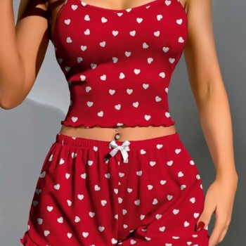 Arias Closet Pamuklu Kırmızı Üstüne Beyaz Kalp Desen Fitilli Askılı Şortlu Pijama Takımı