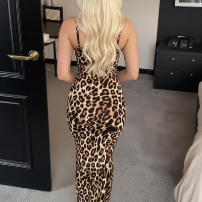 Arias Closet Pamuklu Leopar Desenli İnce Askılı Uzun Elbise