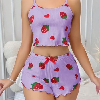 Arias Closet Pamuklu Lila Üstüne Çilek Desen Fitilli Askılı Şortlu Pijama Takımı