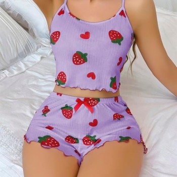 Arias Closet Pamuklu Lila Üstüne Çilek Desen Fitilli Askılı Şortlu Pijama Takımı