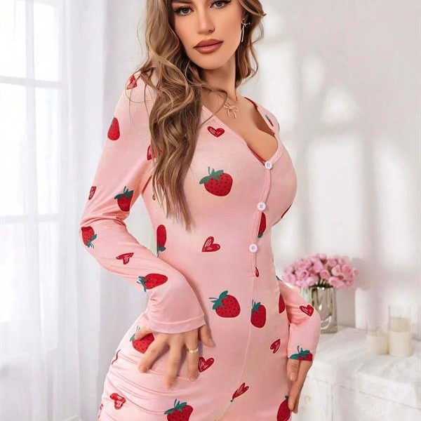 Arias Closet Pamuklu Pembe Çilek Desenli Tulum Pijama