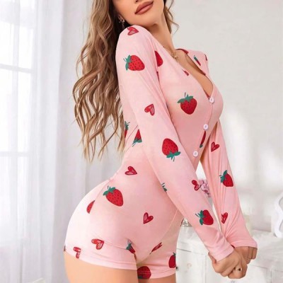 Arias Closet Pamuklu Pembe Çilek Desenli Tulum Pijama