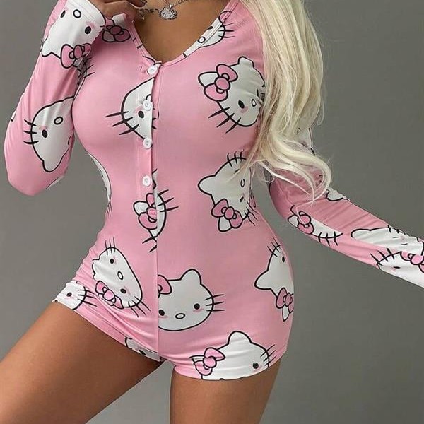Arias Closet Pamuklu Pembe Hello Kitty Desenli Düğmeli Uzun Kol Tulum Pijama