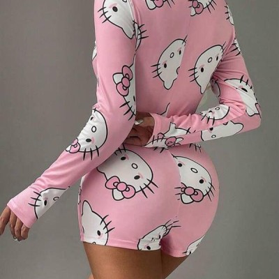 Arias Closet Pamuklu Pembe Hello Kitty Desenli Düğmeli Uzun Kol Tulum Pijama