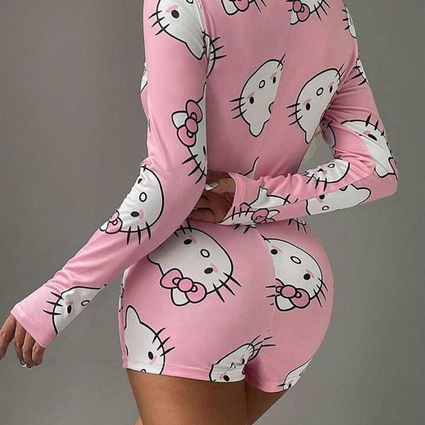 Arias Closet Pamuklu Pembe Hello Kitty Desenli Düğmeli Uzun Kol Tulum Pijama
