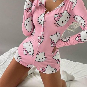 Arias Closet Pamuklu Pembe Hello Kitty Desenli Düğmeli Uzun Kol Tulum Pijama