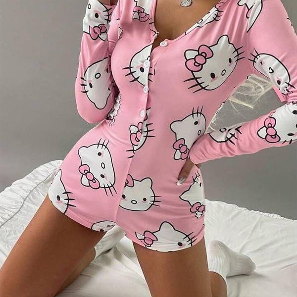 Arias Closet Pamuklu Pembe Hello Kitty Desenli Düğmeli Uzun Kol Tulum Pijama