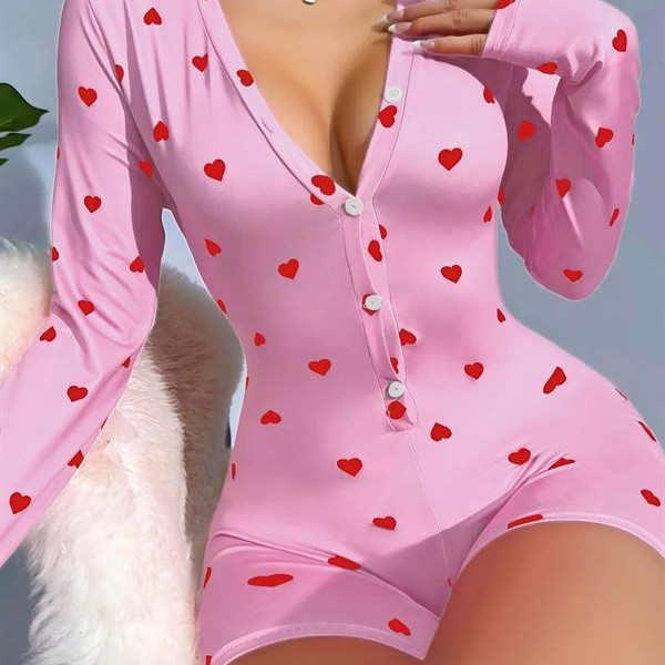Arias Closet Pamuklu Pembe Kalp Desenli Düğmeli Tulum Pijama