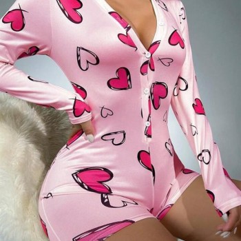 Arias Closet Pamuklu Pembe Kalp Desenli Düğmeli Uzun Kol Tulum Pijama