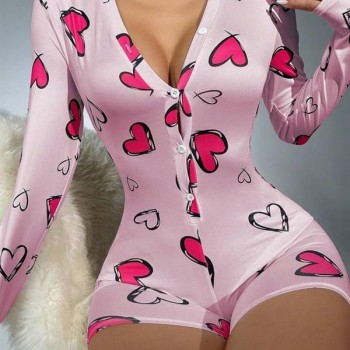 Arias Closet Pamuklu Pembe Kalp Desenli Düğmeli Uzun Kol Tulum Pijama