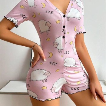 Arias Closet Pamuklu Pembe Kuzu Desenli Düğmeli Uzun Kol Tulum Pijama