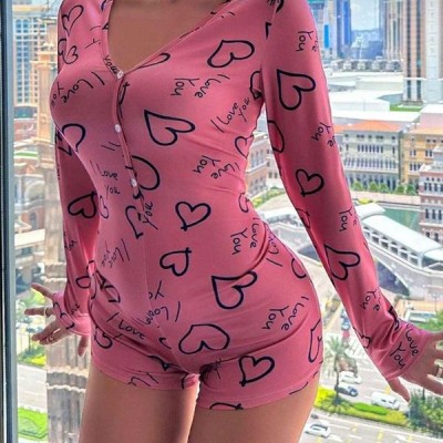 Arias Closet Pamuklu Pembe Siyah Kalp Desenli Düğmeli Uzun Kol Tulum Pijama