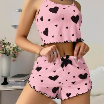 Arias Closet Pamuklu Pembe Üstüne Siyah Kalp Desenli Askılı Fitilli Şortlu Pijama Takımı