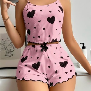 Arias Closet Pamuklu Pembe Üstüne Siyah Kalp Desenli Askılı Fitilli Şortlu Pijama Takımı