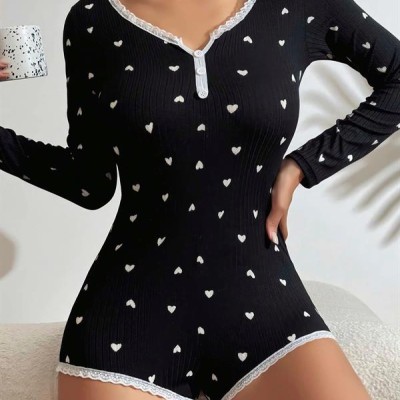 Arias Closet Pamuklu Siyah Kalp Desenli Tulum Pijama