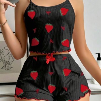 Arias Closet Pamuklu Siyah Üstüne Çilek Desen Fitilli Askılı Şortlu Pijama Takımı