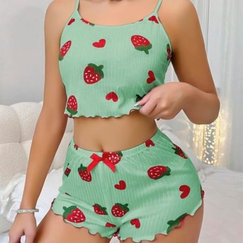 Arias Closet Pamuklu Yeşil Üstüne Çilek Desen Fitilli Askılı Şortlu Pijama Takımı