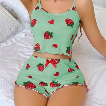 Arias Closet Pamuklu Yeşil Üstüne Çilek Desen Fitilli Askılı Şortlu Pijama Takımı