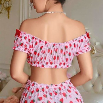 Arias Closet Pembe Çilek Desenli Şortlu Fantezi Sütyen Takımı