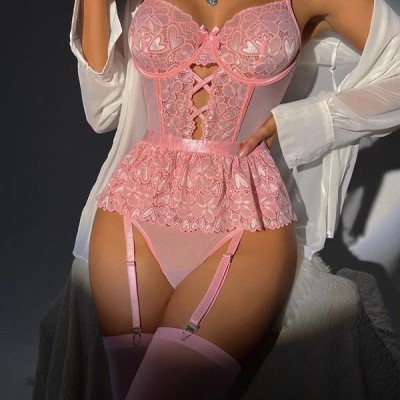 Arias Closet Pembe Dantel İşlemeli Kalp Desenli Fantezi Jartiyer Takımı