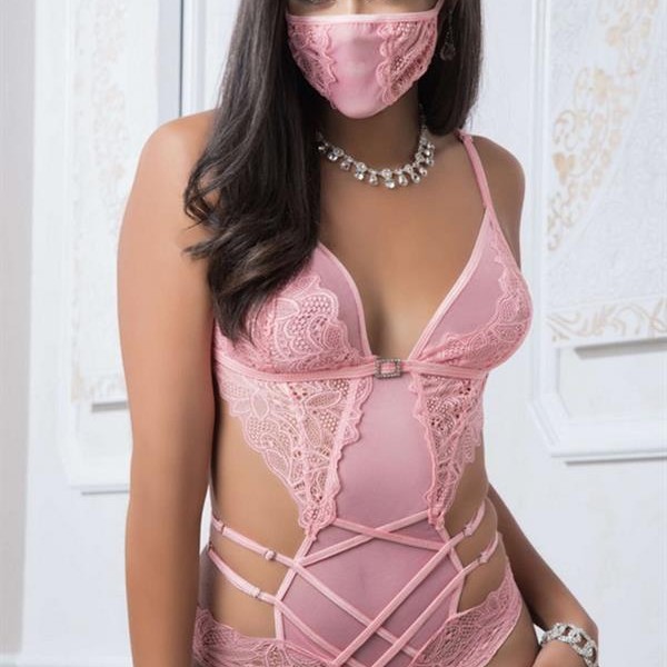 Arias Closet Pembe Dantel İşlemeli Maskeli Fantezi Body