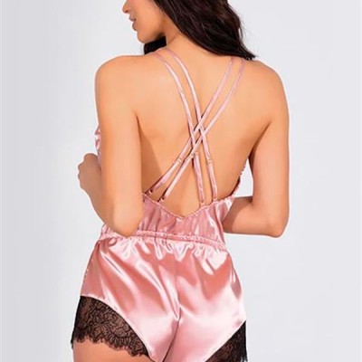 Arias Closet Pembe Dantelli Sırtı Çapraz Saten Şort Tulum