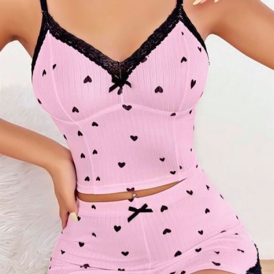 Arias Closet Pembe Kalp Desenli Askılı Şortlu Pijama Takım