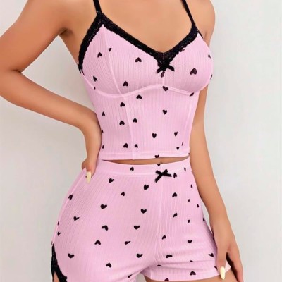 Arias Closet Pembe Kalp Desenli Askılı Şortlu Pijama Takım