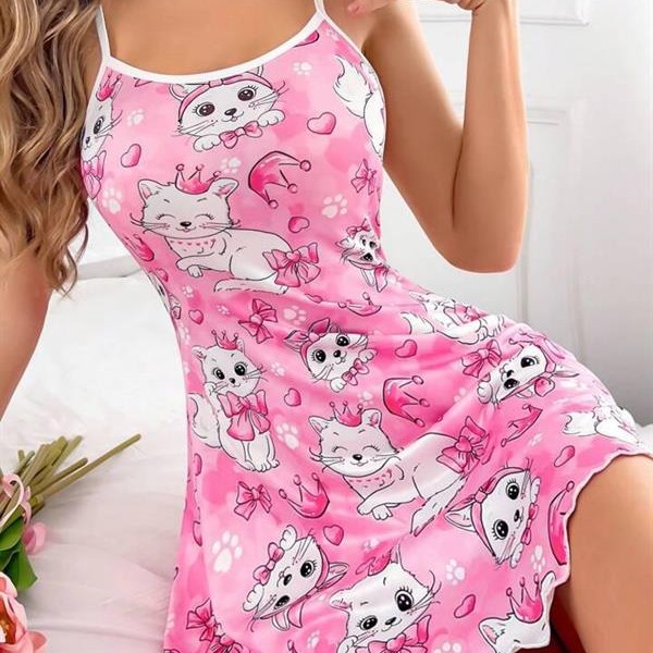 Arias Closet Pembe Kedi Desenli Fantezi Gecelik