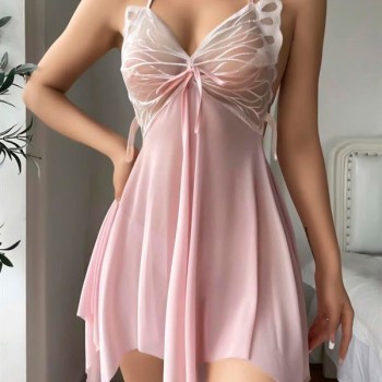 Arias Closet Pembe Kelebek İşlemeli Tül Fantezi Gecelik