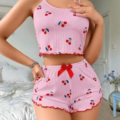 Arias Closet Pembe Kiraz Desenli Askılı Şortlu Pijama