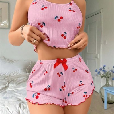 Arias Closet Pembe Kiraz Desenli Askılı Şortlu Pijama