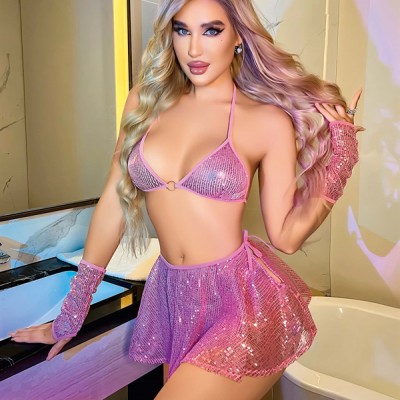 Arias Closet Pembe Parlak Işıltılı Fantezi Etekli Sütyen Takımı