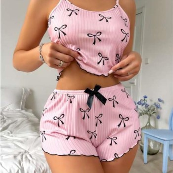 Arias Closet Pembe Üstüne Siyah Kurdela Desenli Askılı Şortlu Pijama Takımı
