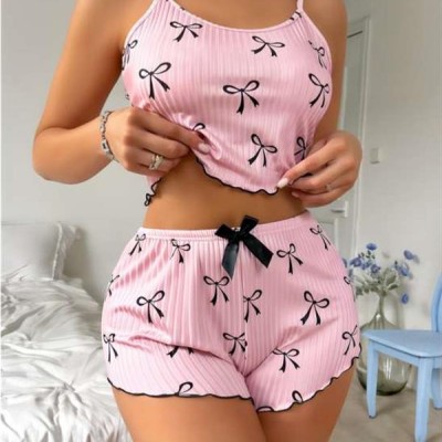Arias Closet Pembe Üstüne Siyah Kurdela Desenli Askılı Şortlu Pijama Takımı