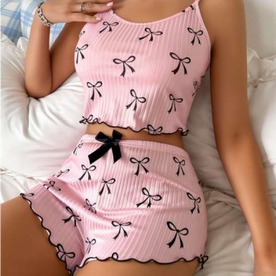Arias Closet Pembe Üstüne Siyah Kurdela Desenli Askılı Şortlu Pijama Takımı