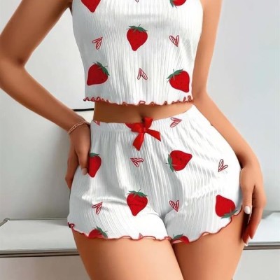 Arias Closet Penye Kumaş Çilek Desen Beyaz Şortlu Takım